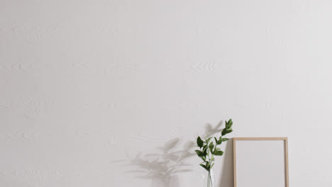 white frame and plant on desk with copy space against white wall