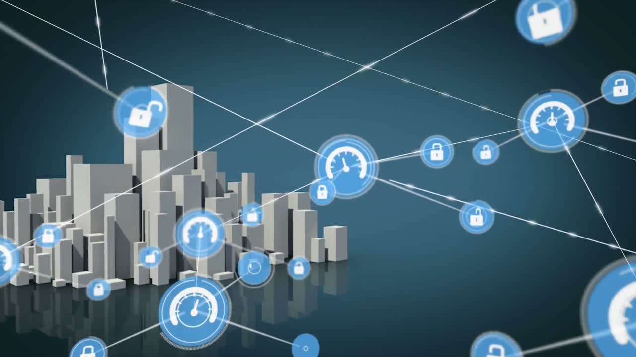 animación de las conexiones de red con iconos de seguridad en línea y distrito en segundo plano