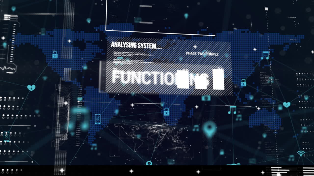 Animation of moving lines and data, pin icons interconnecting with lines over digital map