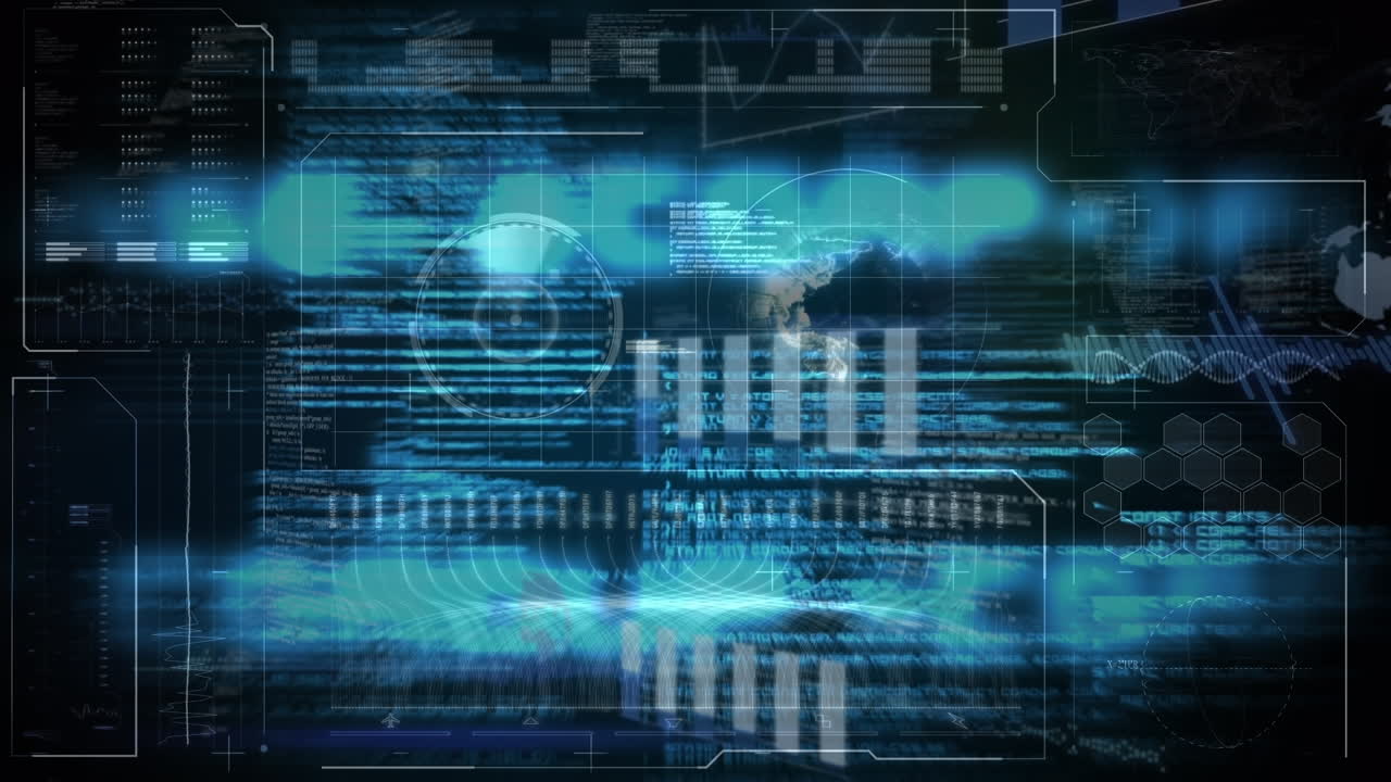 Animation of computer language over globes, radar and graphs against black background