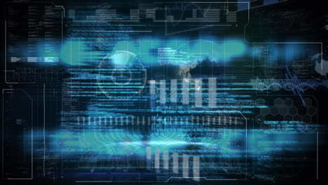animation of computer language over globes, radar and graphs against black background