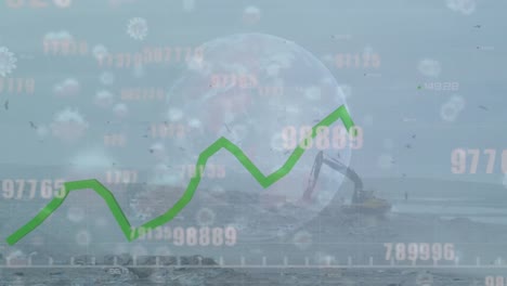 animation of statistical data processing and covid-19 cells against crane operating in junkyard