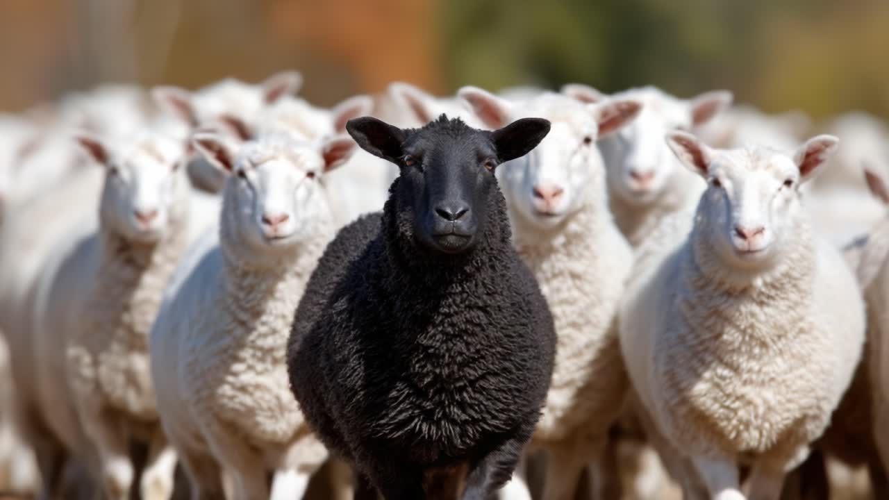 A solitary black sheep confidently stands out amidst a flock of white sheep, illustrating the theme of individuality and distinctiveness within a group