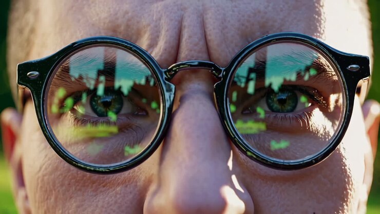 Close-up of a man wearing round glasses