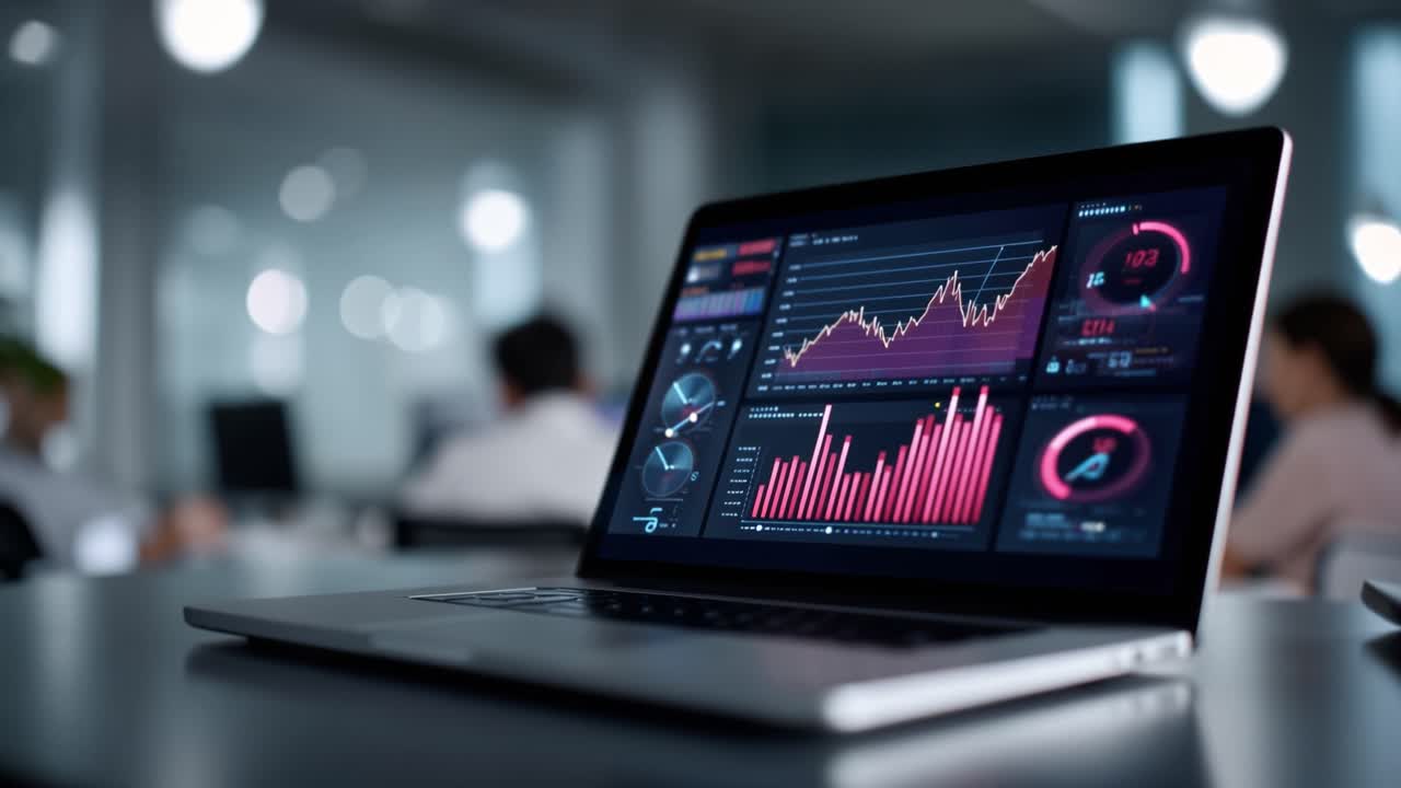 Detaljert analysedashbord på en bærbar datamaskin som viser finansielle datatrender og beregninger for moderne digital analyse i et profesjonelt kontormiljø.