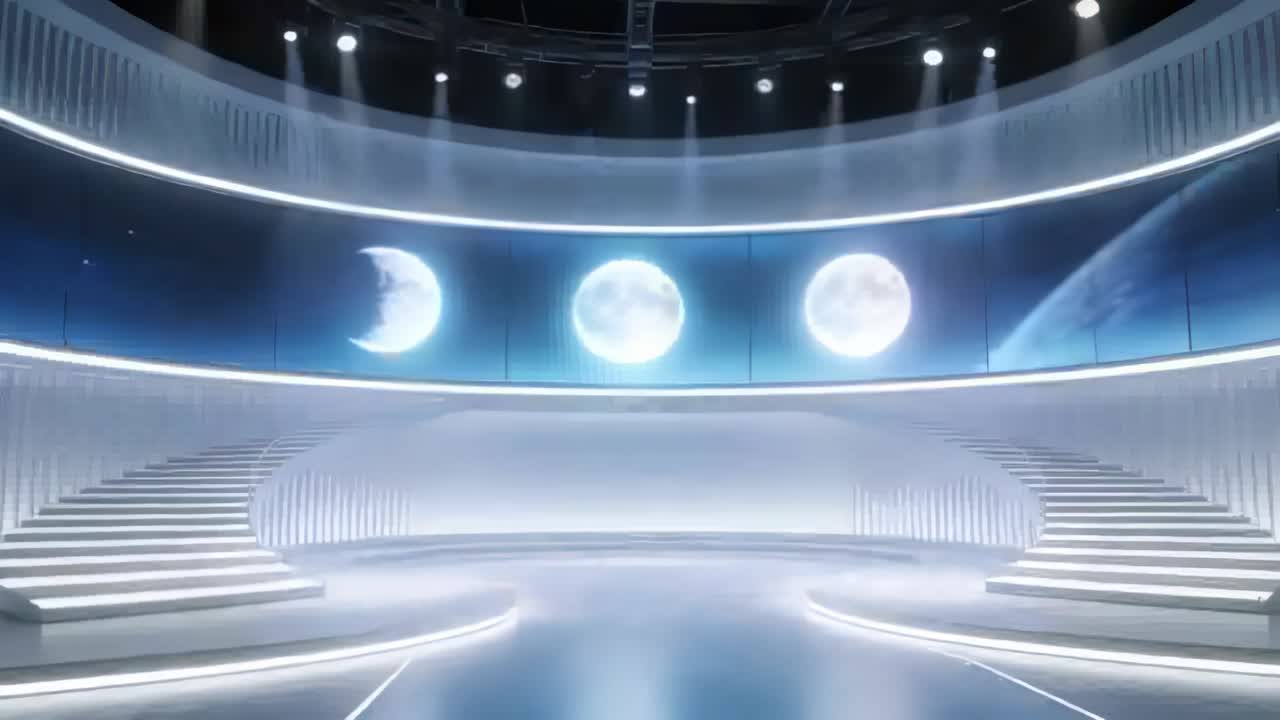En animeret buet LED-skærm viser en planet, mens studielamper og gulvlys hæves til en udsendelse.