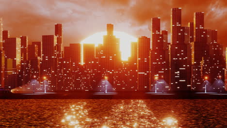 futuristic city with skyscrapers near the water