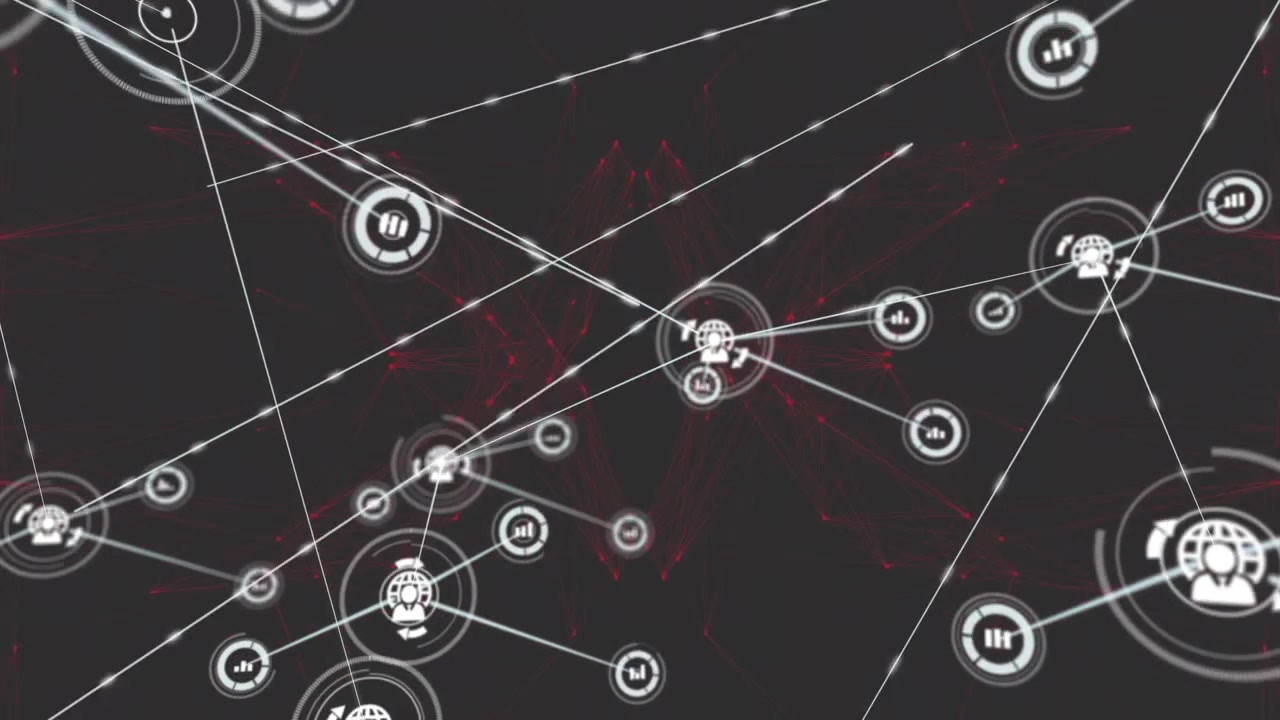 Animation of icons connected with lines over red dots forming globe on abstract background