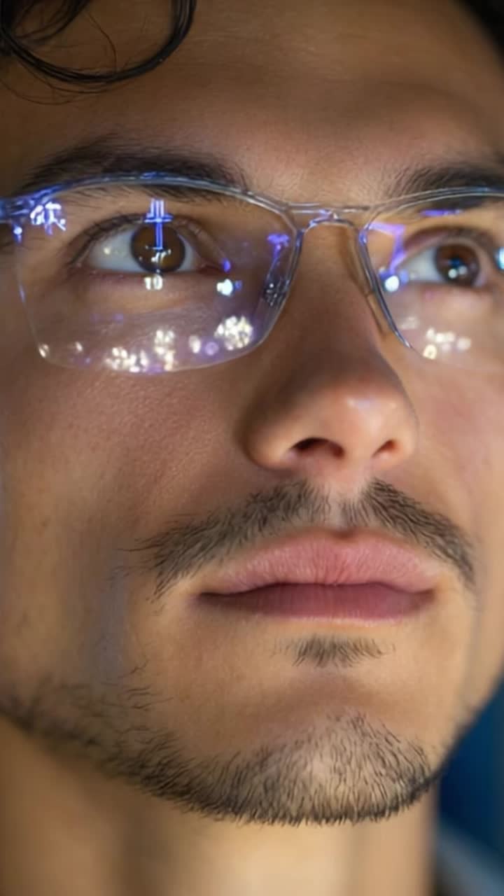 A close-up view of a man's face, highlighting his clear glasses and focused expression, represents curiosity and intrigue in a modern environment with illuminated reflections