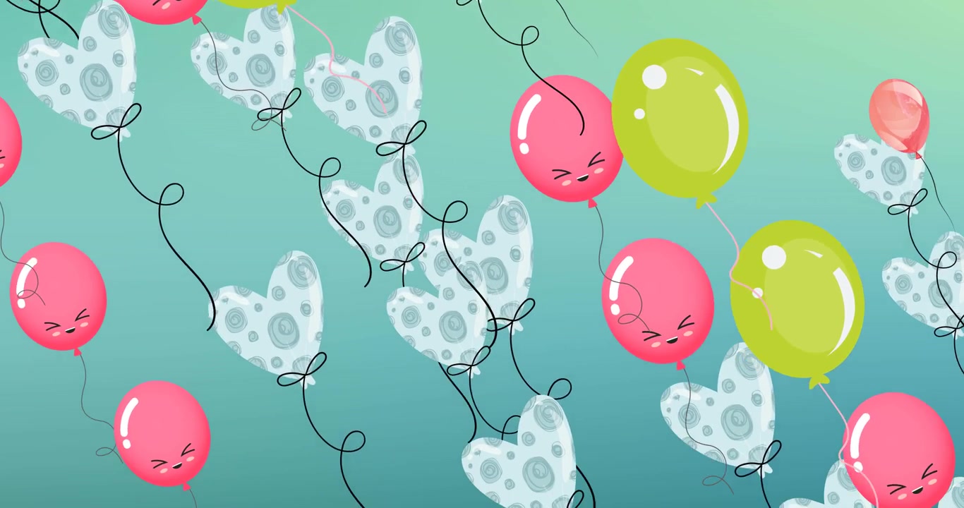 Animazione di palloncini colorati con faccine che volano su sfondo verde