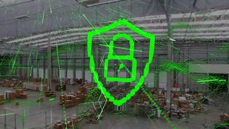 animation of digital shield with padlock over warehouse