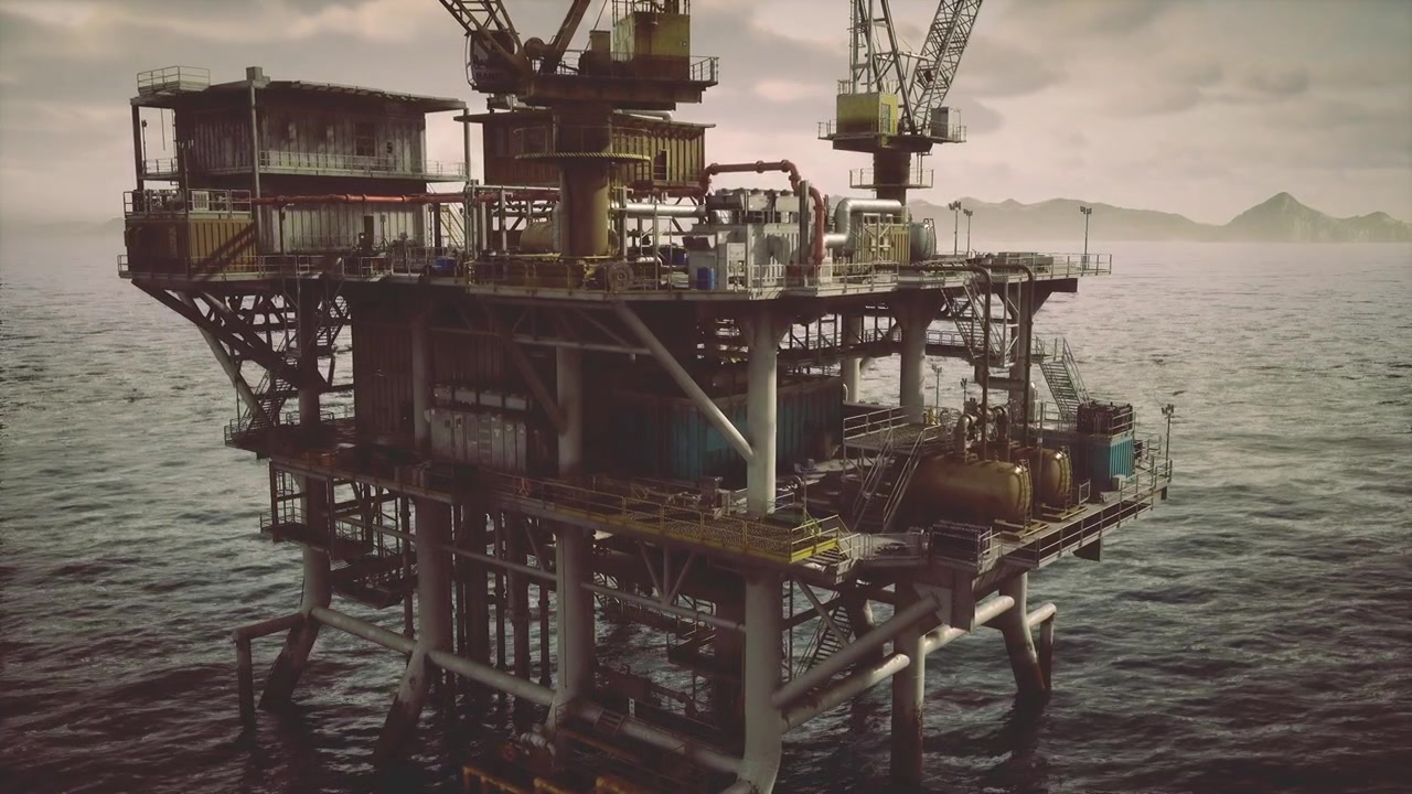 Vejrslidt offshore olieplatform med lyden af fjerne bølger