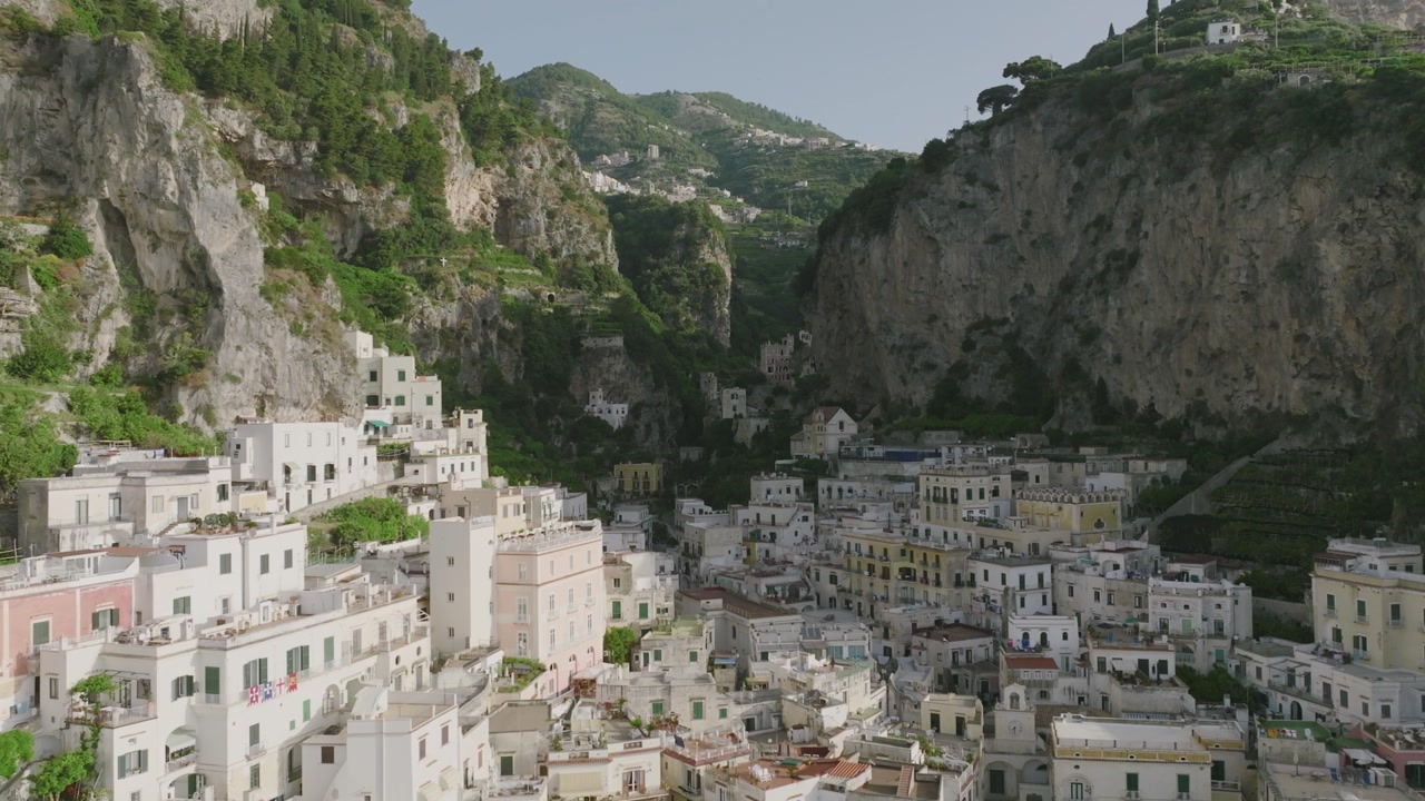Atrani picturesque town on the Amalfi Coast in Italy aerial drone Italian travel destination