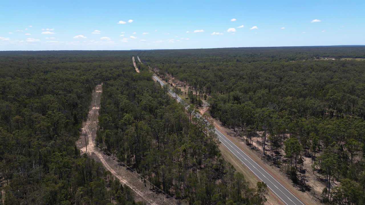 Aerial View of a Long Road Through a Forest in Australia