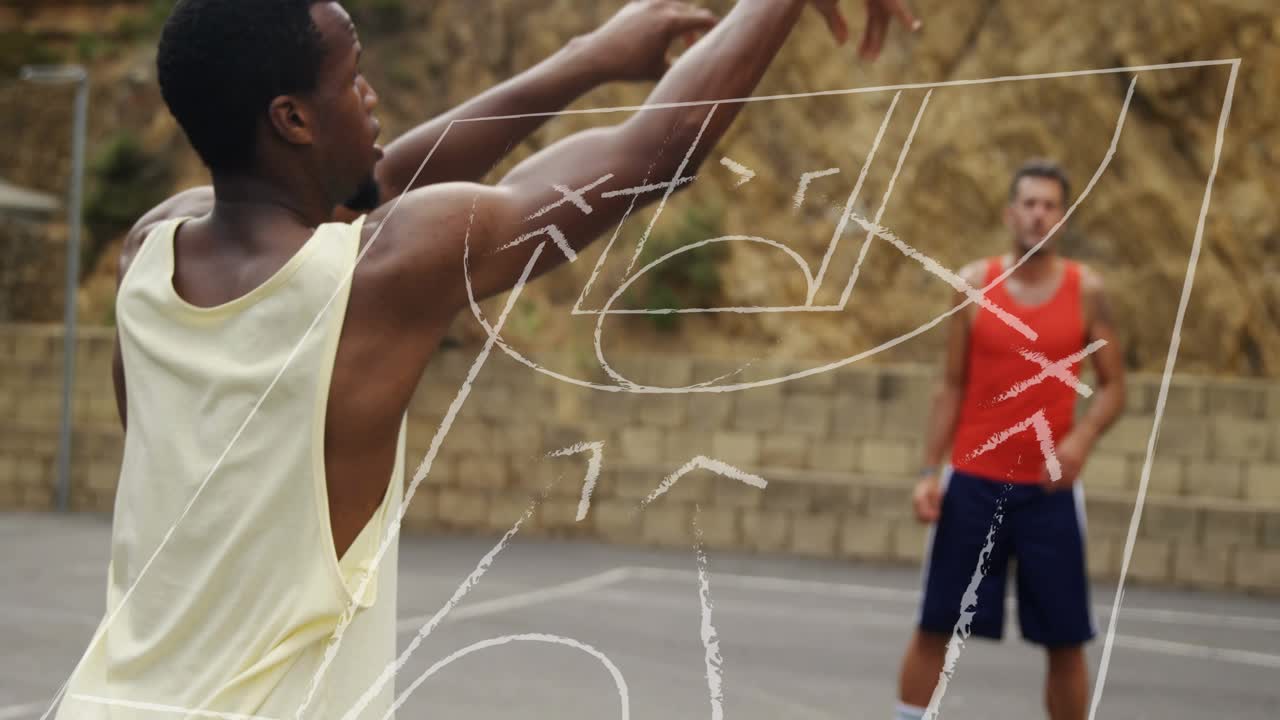 Shooter receiving blue basketball, shooting jumper, chalk overlay guiding shot, aiming to score