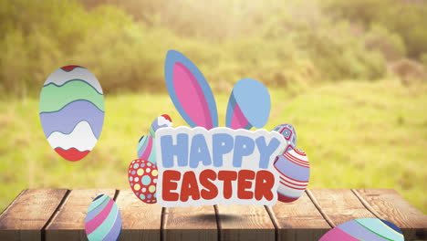 animation of happy easter text with easter bunny ears and easter eggs over wooden surface and grass