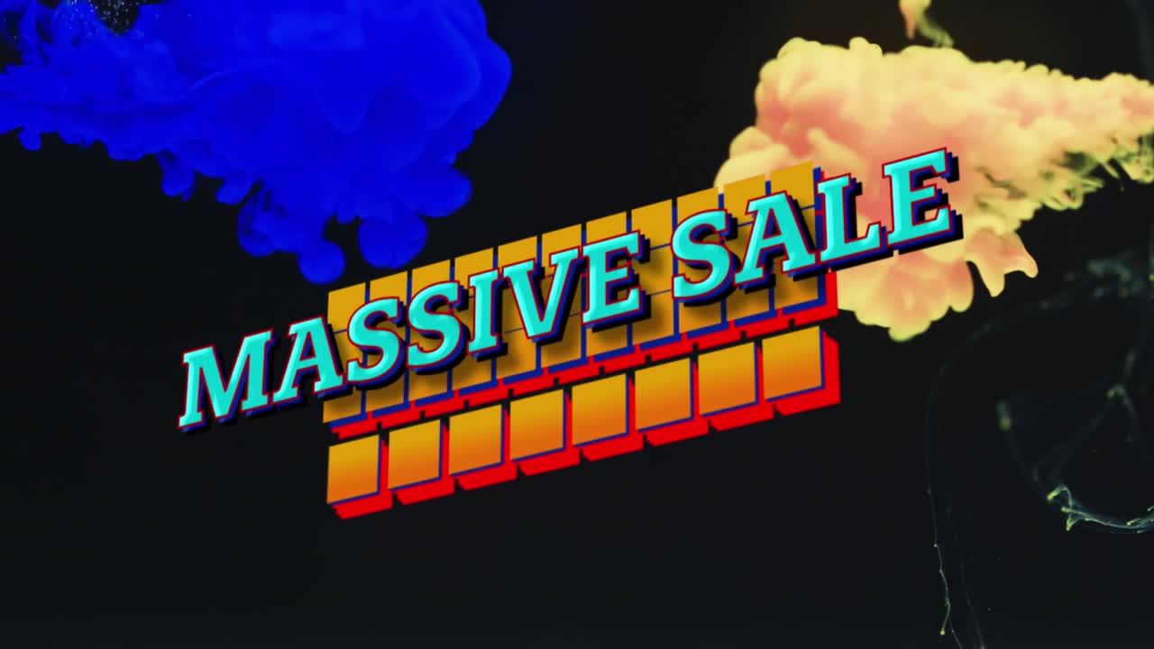 검은 바탕에 오렌지색과 파란색 액체 위에 대규모 판매 텍스트의 애니메이션