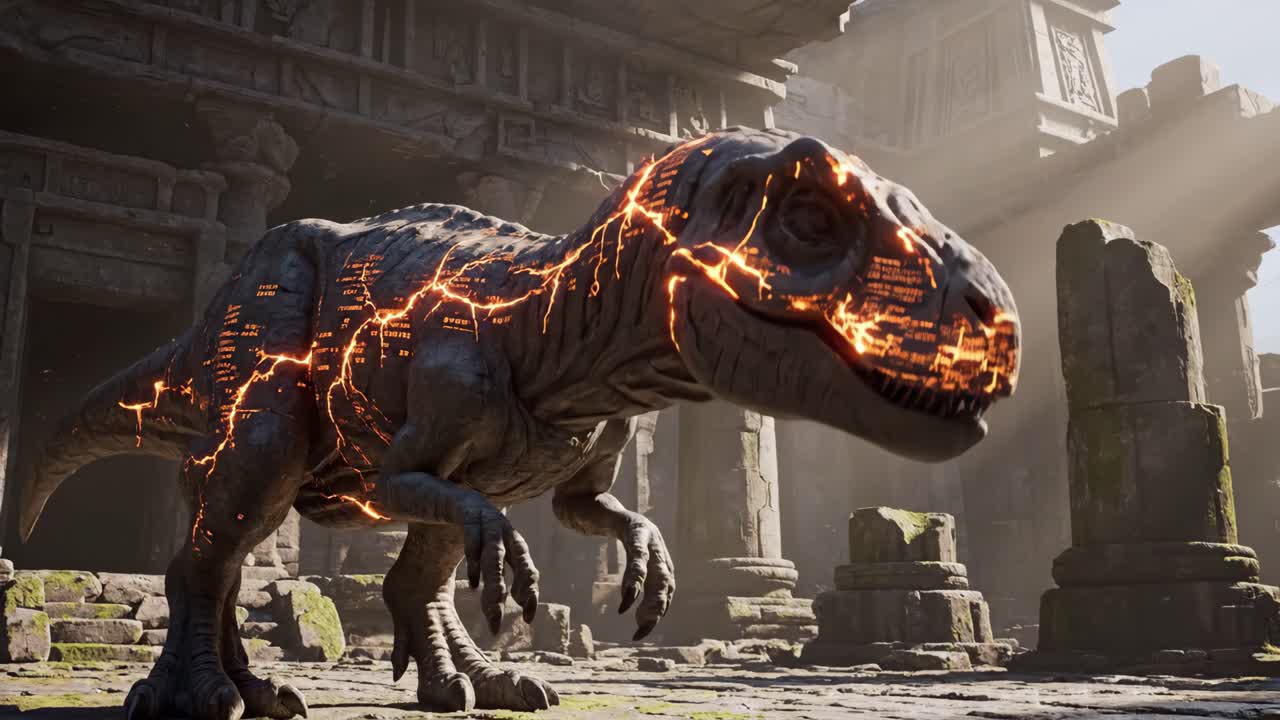 Fiery T-Rex in Ancient Ruins