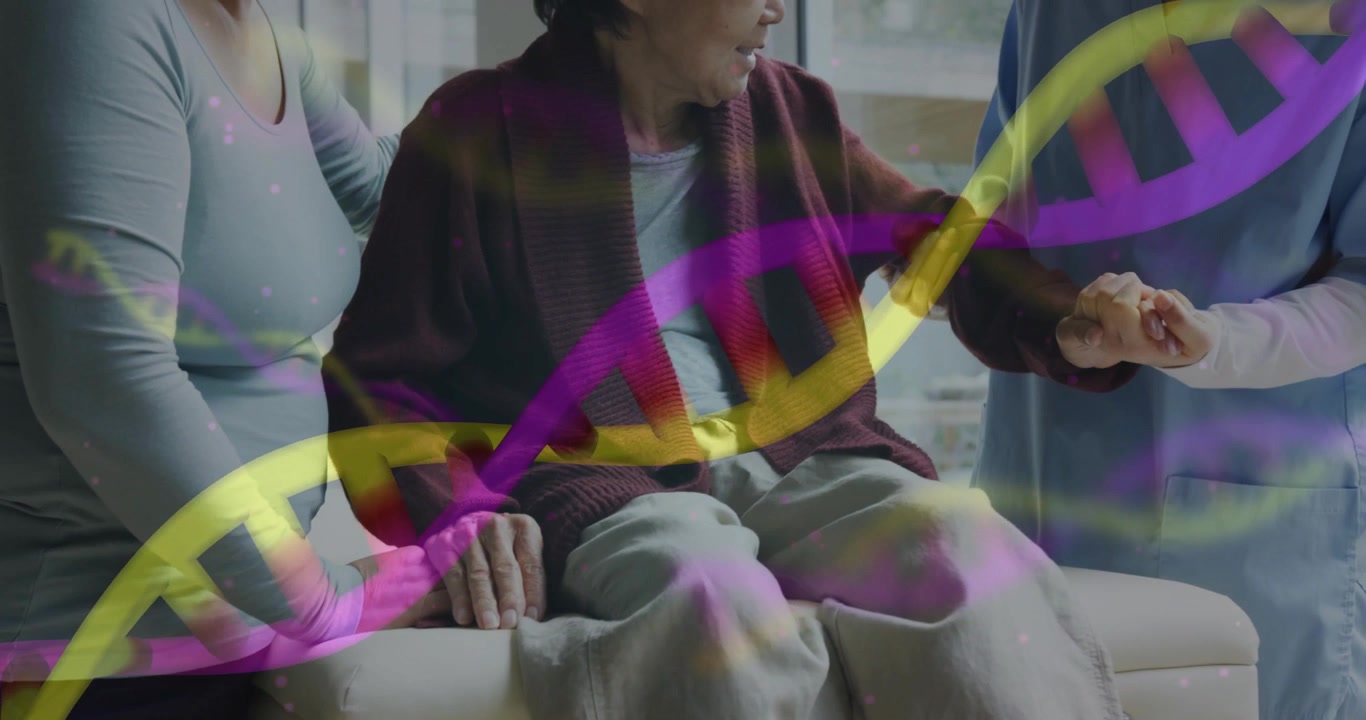 Family placing hand, caregiver bracing, senior turning and reaching to steady, DNA hovering health