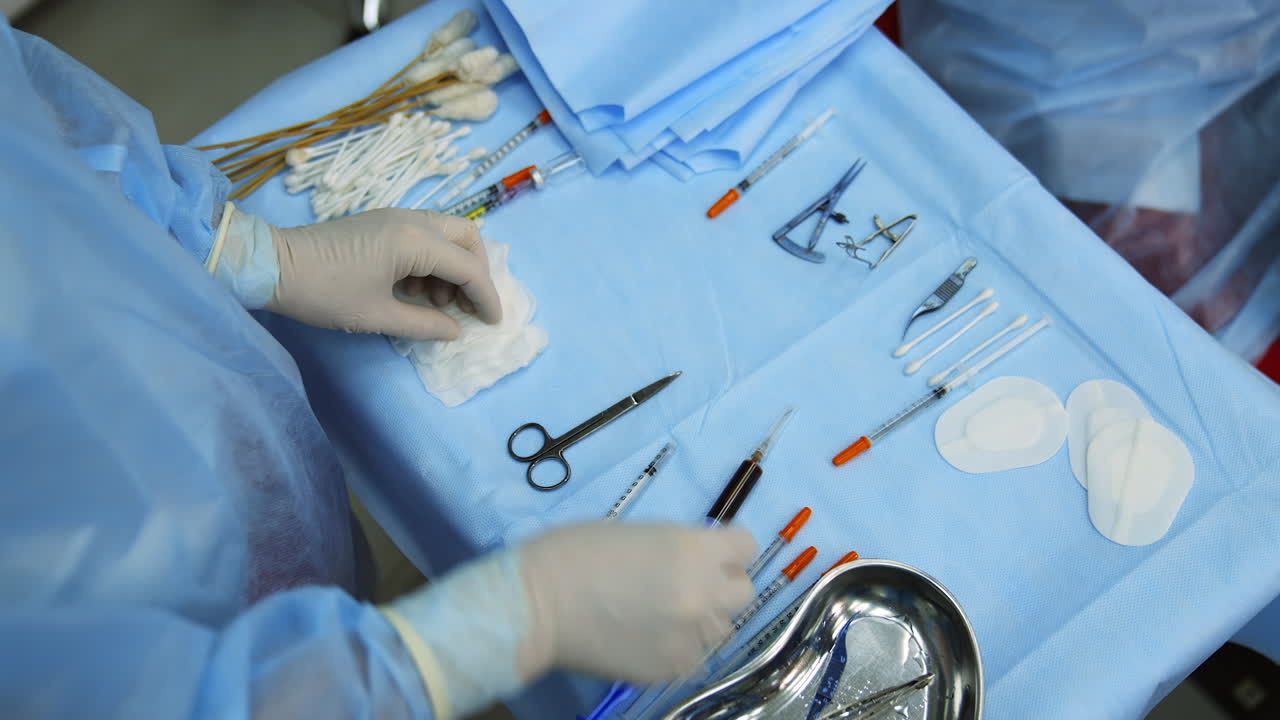 Medic chooses surgical instruments. Scalpel and scissors and syringes and needles and clamps. Instruments for the operation. Video from the top.