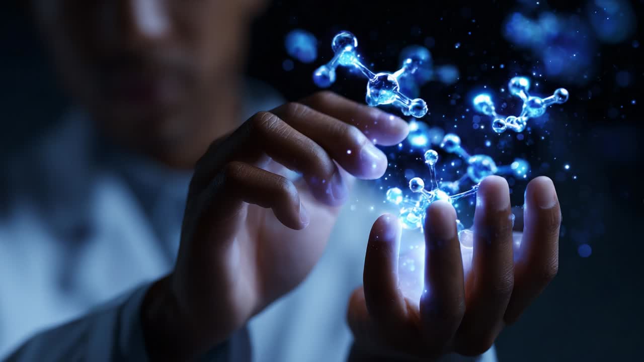 A scientist in a lab showcases the beauty of molecular structures, capturing the enchanting glow of floating molecules and demonstrating the intricate dance of science and innovation through their hands