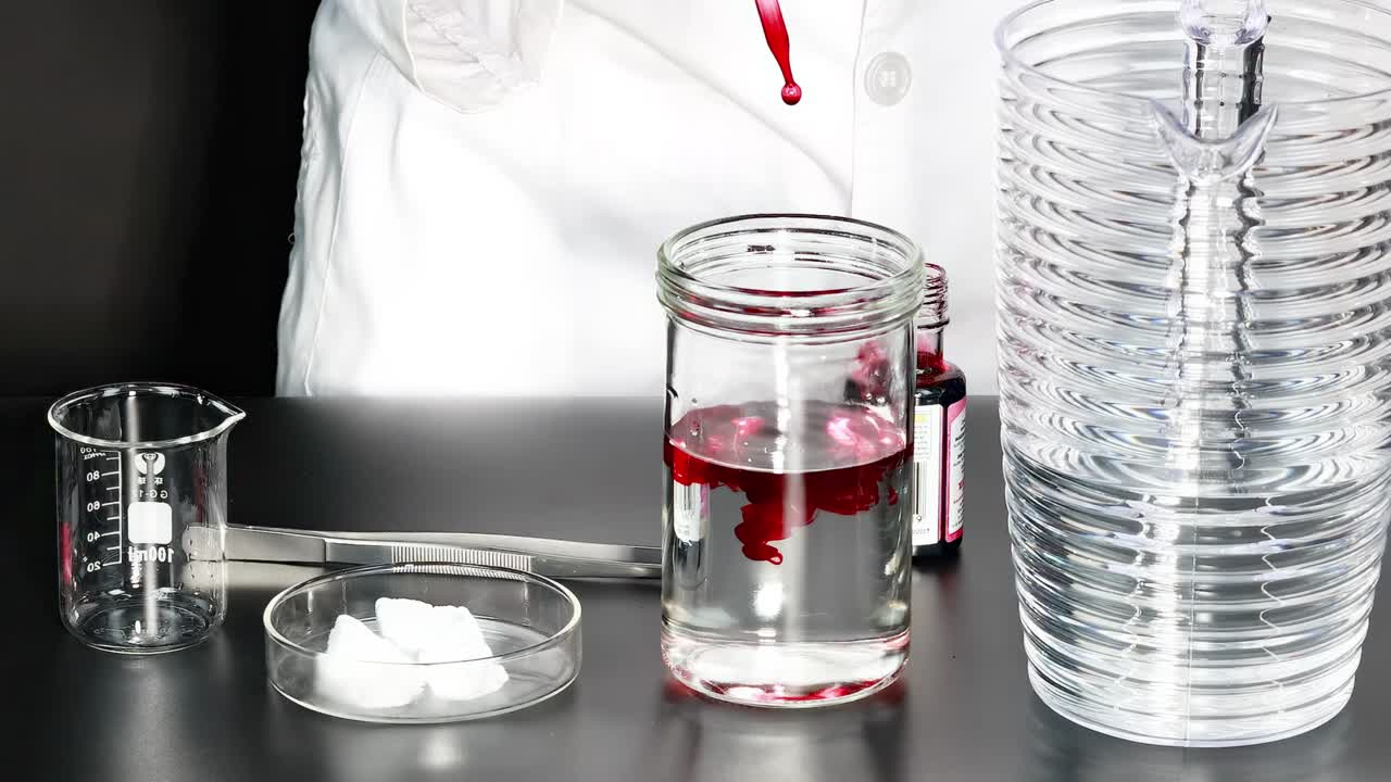 A red liquid is added to a jar of water, observed alongside a beaker and stacked cups.