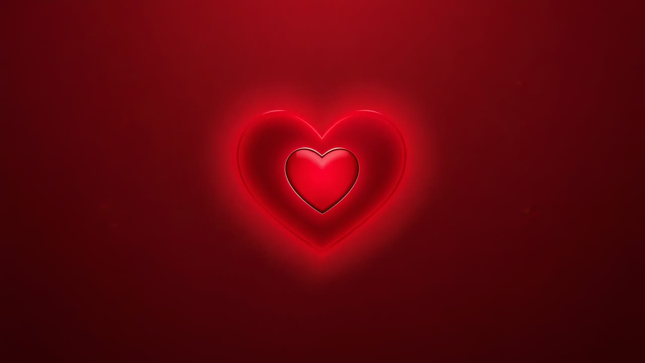 Loop con cuore rosso lucido e pulsante, contorno neon incandescente su gradiente rosso per effetto battito cardiaco