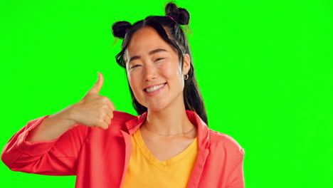 Asiatische-Frau,-Gesicht-Und-Daumen-Hoch-Auf-Grünem-Bildschirm