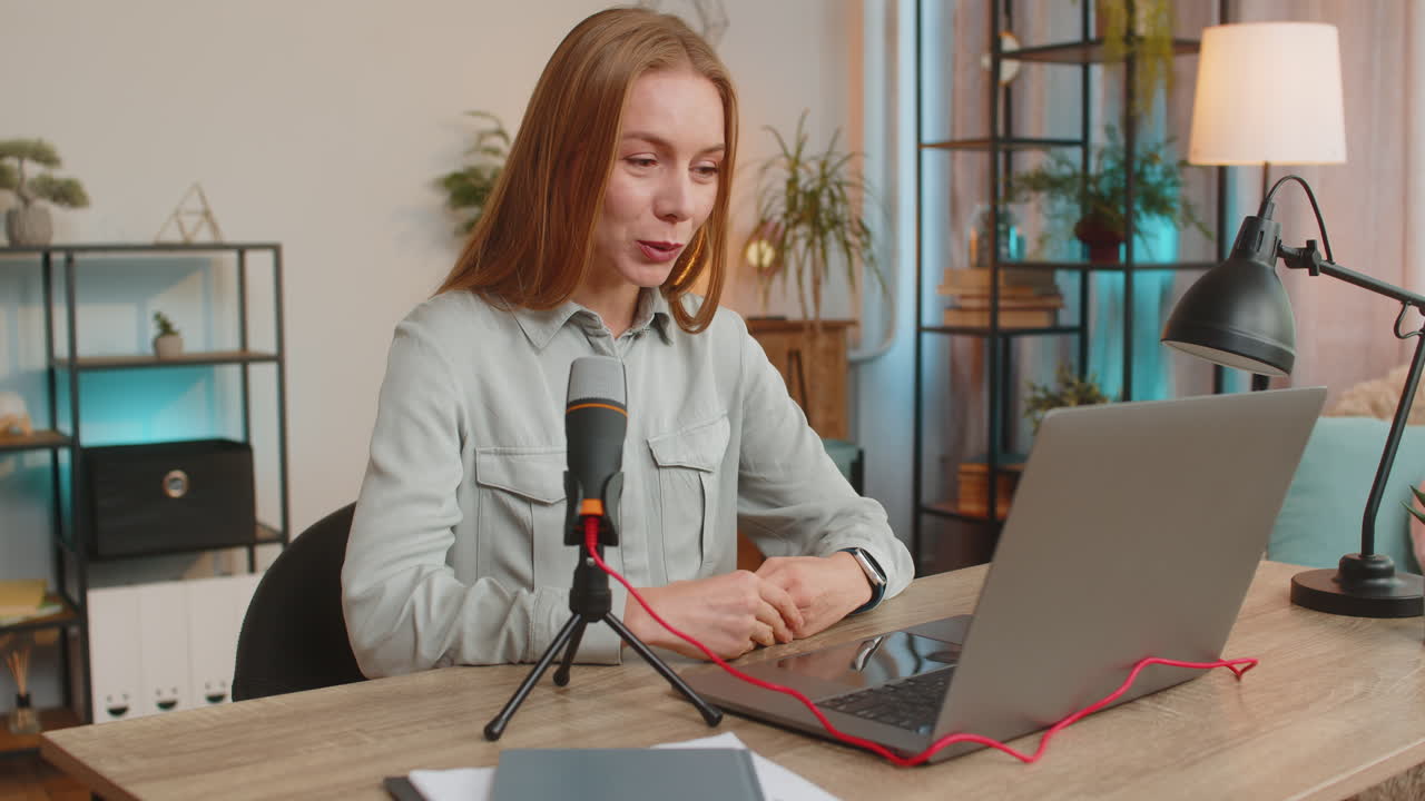 Happy caucasian woman influencer speaking into microphone and laptop webcam at home office table
