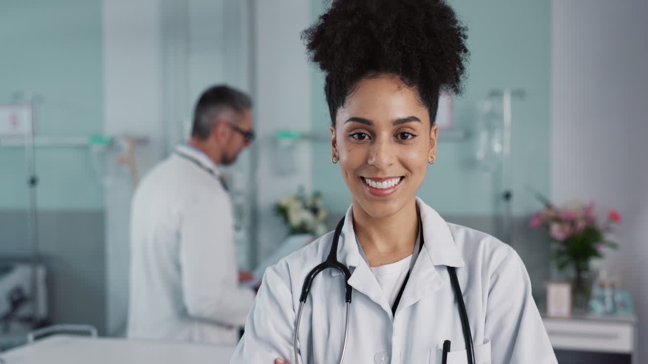 Hospital, doctor and face of woman with crossed