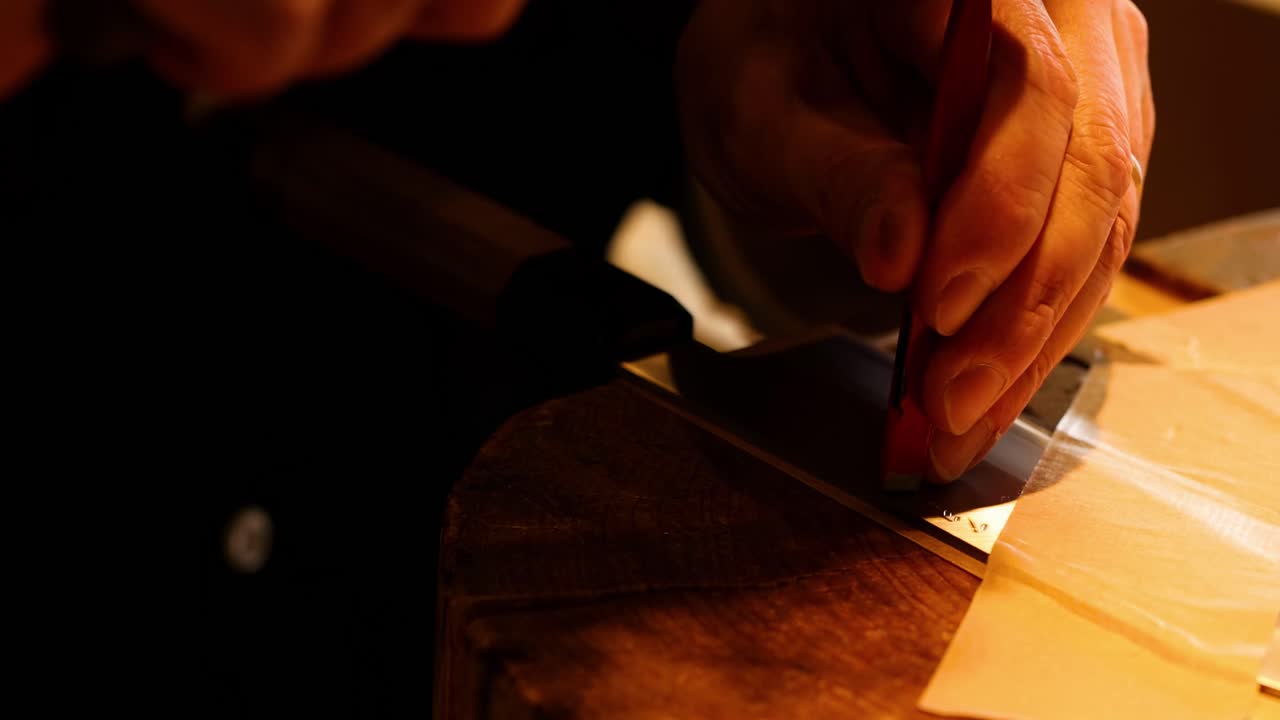Close-up of hands precisely working on a wooden surface with a tool.