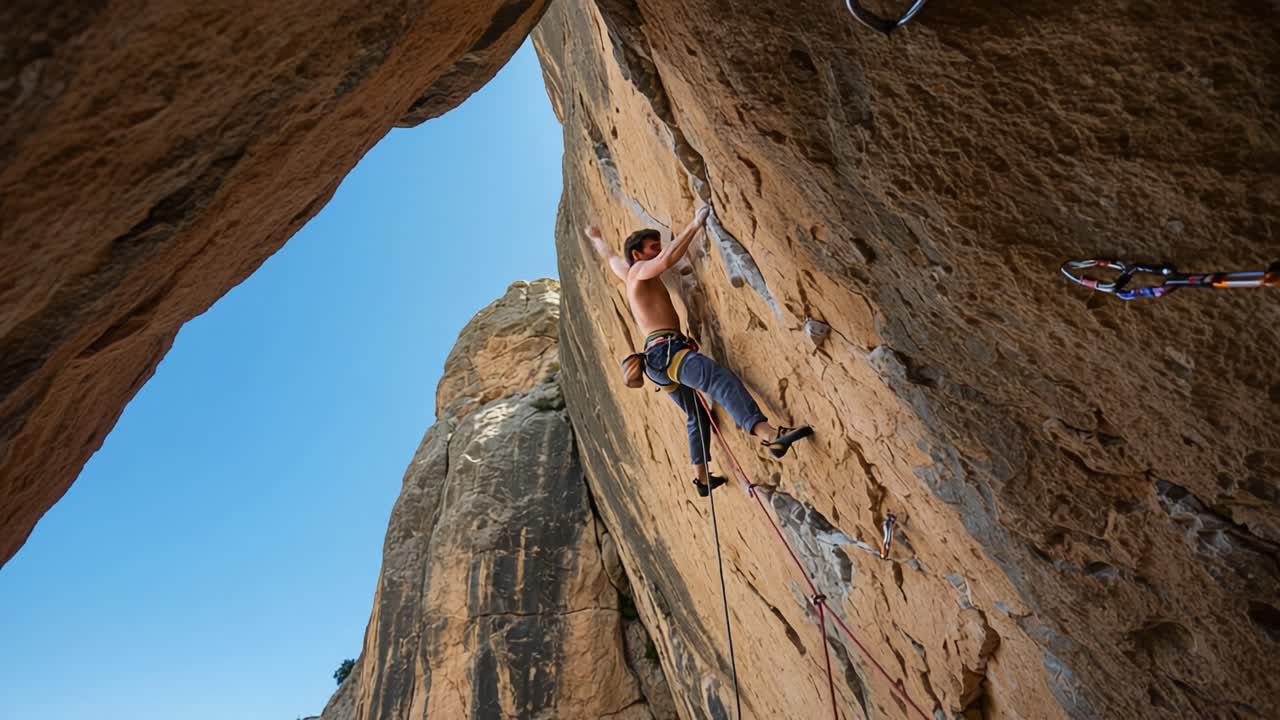 A determined climber expertly ascends a rugged rock face, skillfully navigating the challenging terrain while harnessed for safety, showcasing strength and focus in an outdoor climbing adventure
