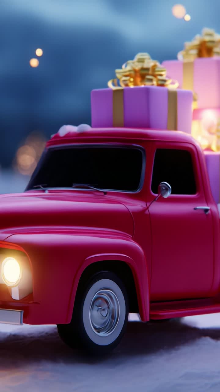 A Charming Retro Pink Truck Loaded with Colorful Wrapped Gifts, Conveying a Joyous Holiday Spirit and the Excitement of Gift-Giving Amidst a Magical Winter Background Filled with Warm Lights