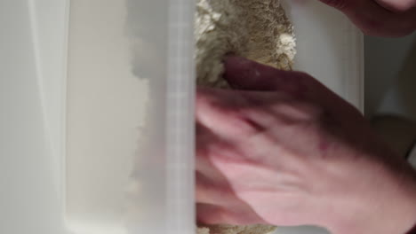 Mixing-flour-and-dry-yeast-in-a-plastic-container-while-preparing-dough-for-homemade-bread