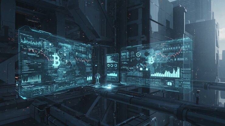 Futuristic Digital Workspace Showcasing Cryptocurrency Data and Trends with Advanced Analytics in a Sleek Urban Environment, Highlighting Bitcoin Statistics and Market Insights