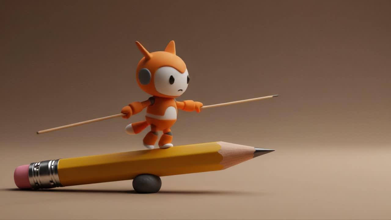 A Dynamic Character Balancing on a Giant Pencil While Skillfully Maneuvering Two Sticks, Showcasing Playfulness and Creativity in a Whimsical Scene