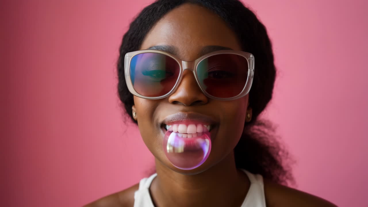 Playful woman in sunglasses blowing a bubble