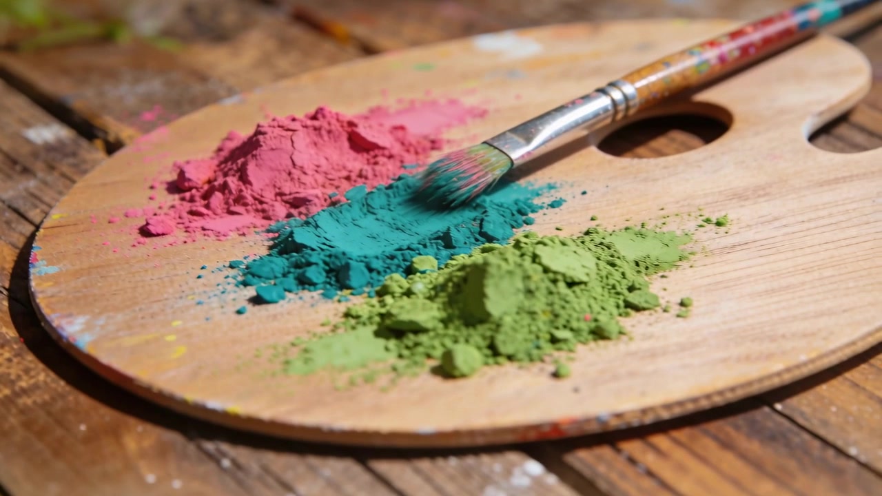 Turkuaz bir yığına temas eden yuvarlak fırça, tahta masadaki ahşap palet üzerine pigment basıyor, fırçayı yüklüyor
