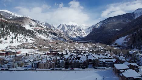 Low-drone-aerial-view-of-Telluride-Colorado-covered-in-snow-during-winter