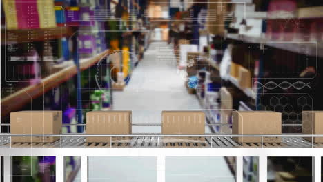 animation of data processing over cardboard boxes on conveyor belt in warehouse