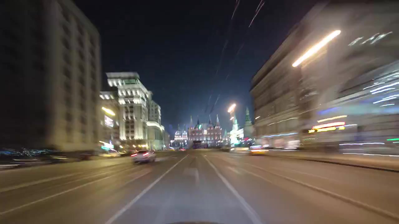 Drive through Traffic of cars in Moscow city streets, timelapse hyperlapse at night Russia Tverskaya Street near the Kremlin part 2
