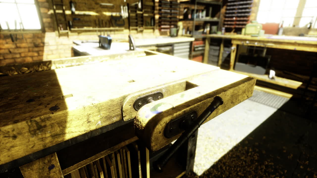 Woodworking workshop with sunlight streaming through windows and tools visible