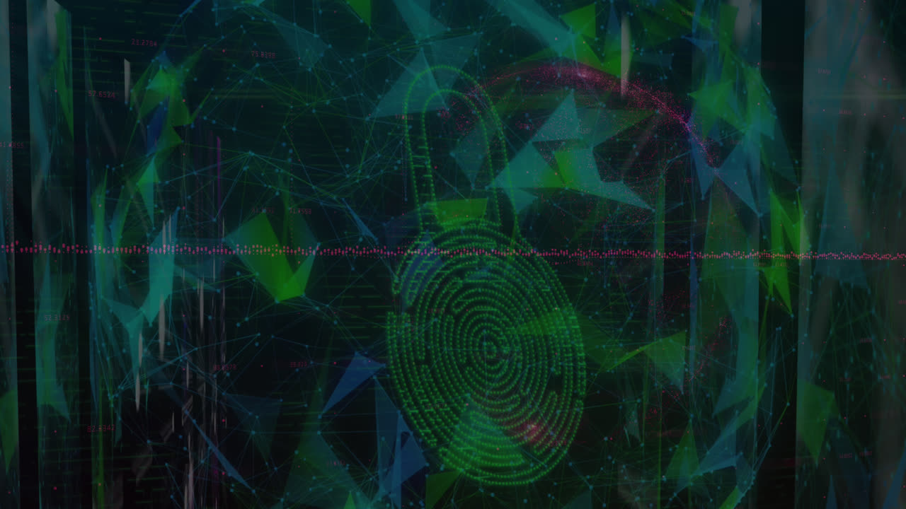 animación de globo hecho de formas sobre un candado digital con huella digital