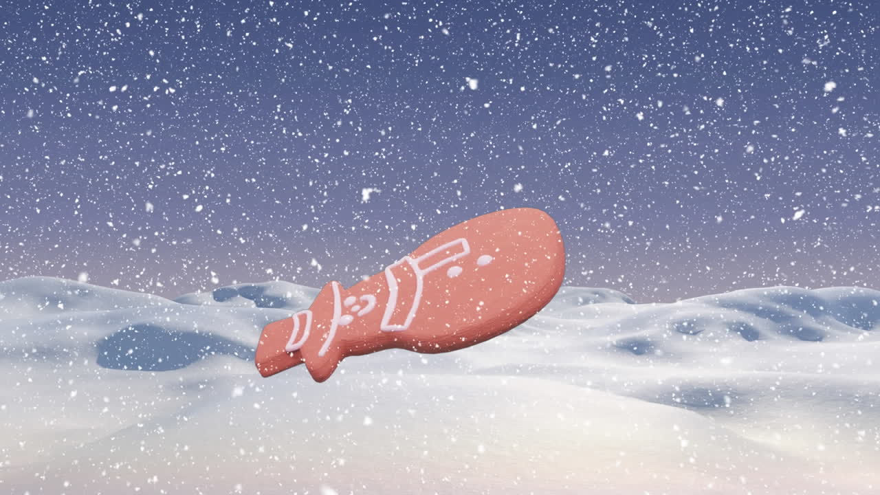 크리스마스 스노우맨의 애니메이션 진저브레드 쿠키가 겨울 풍경에서 내리는 눈 위에.