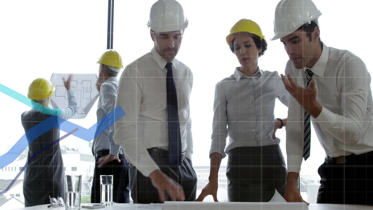 animación del procesamiento de datos financieros en diversos arquitectos con planes en la oficina