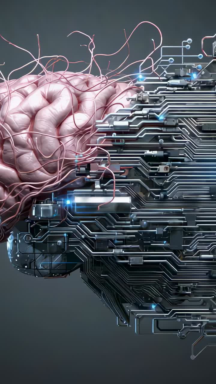 Vertical video: Shifting camera revealing pink brain fusing with PCB in studio, pulsing blue nodes