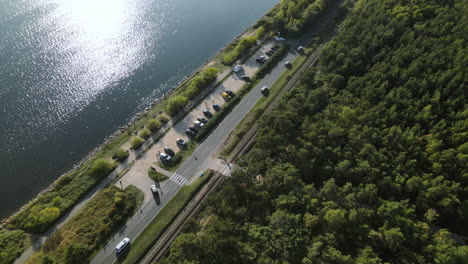 aerial view with traffic on the coastline of baltic sea