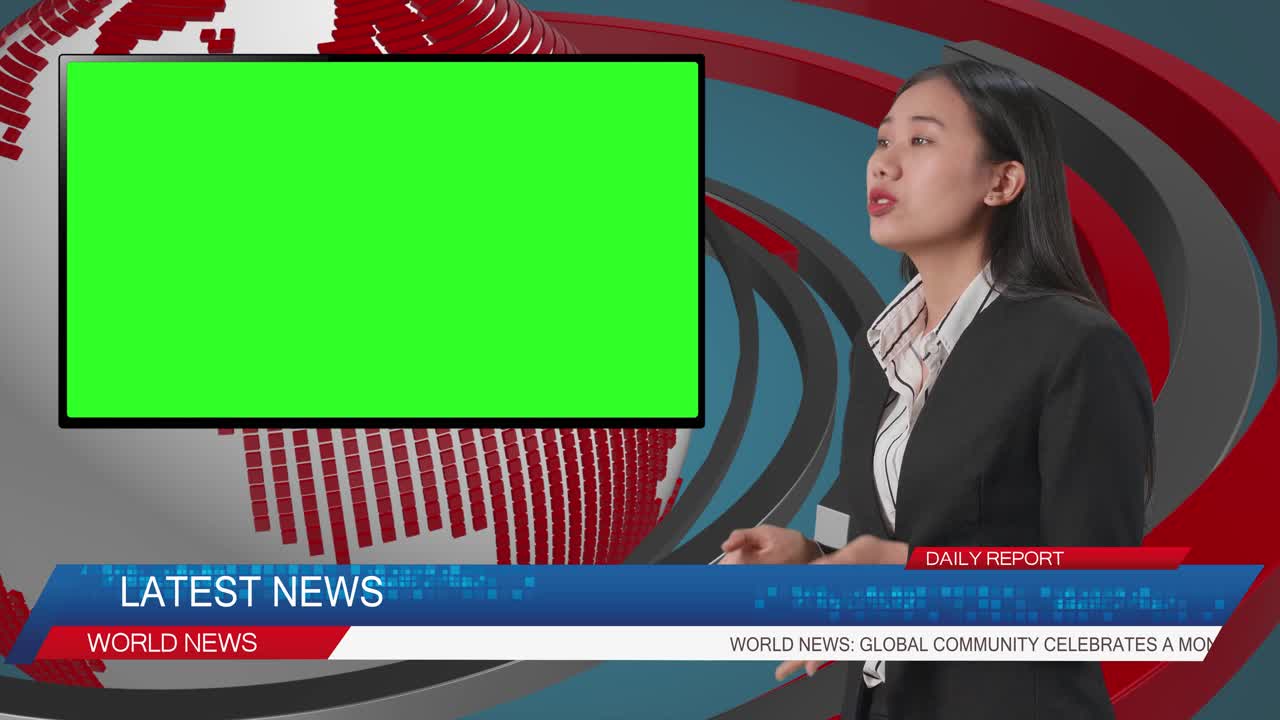 Side View Of Live News Studio With Asian Professional Female Anchor And Green Screen Television Reporting On The Events Of The Day