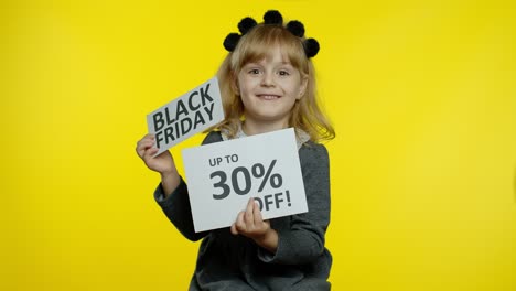 child girl showing black friday and up to 30 percent off advertisement banners. low prices, shopping