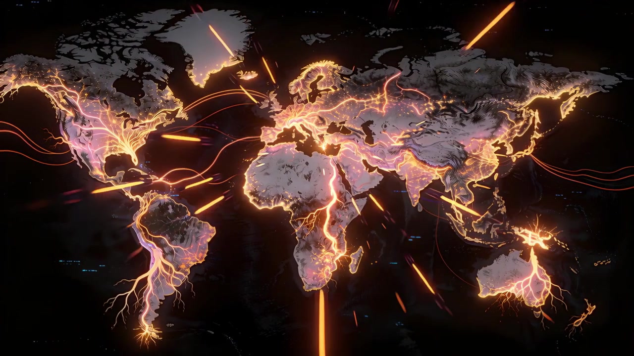 Un impulso inizia su una mappa del mondo grigia che mostra archi luminosi, vene ramificate e scie che segnalano nel vuoto oscuro.